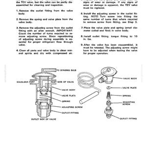 May include: Diagram of a TEV valve with labeled parts including the valve body, plate, spring, and adjusting screw. Instructions for cleaning and inspection are also provided, with notes on removing and reinstalling components.