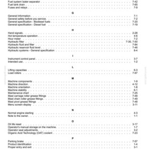 May include: A detailed page from a manual, featuring a table of contents with various mechanical terms like "Front drive axle," "Fuel filters," and "Hydraulic filter." The text is black on a white background.