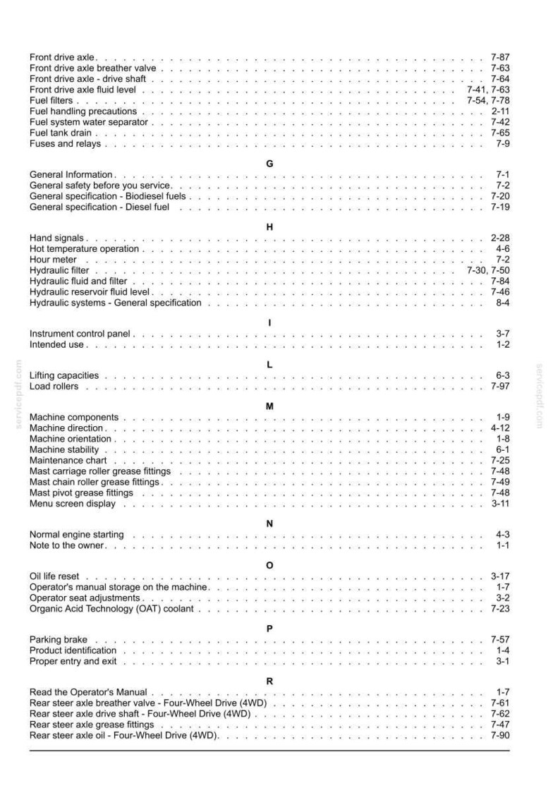 May include: A detailed page from a manual, featuring a table of contents with various mechanical terms like "Front drive axle," "Fuel filters," and "Hydraulic filter." The text is black on a white background.