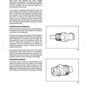 Pode incluir: Uma p&aacute;gina de documento t&eacute;cnico intitulada SECTION 55 - ELECTRICAL SYSTEMS - CHAPTER 1, apresentando texto sobre sensores, sensores de temperatura e sensores de press&atilde;o, acompanhada por dois desenhos de linha a preto e branco de componentes met&aacute;licos roscados.