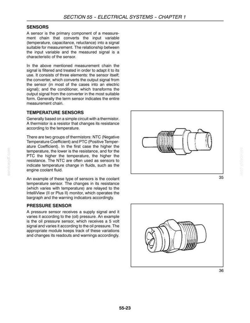 Pode incluir: Uma p&aacute;gina de documento t&eacute;cnico intitulada SECTION 55 - ELECTRICAL SYSTEMS - CHAPTER 1, apresentando texto sobre sensores, sensores de temperatura e sensores de press&atilde;o, acompanhada por dois desenhos de linha a preto e branco de componentes met&aacute;licos roscados.