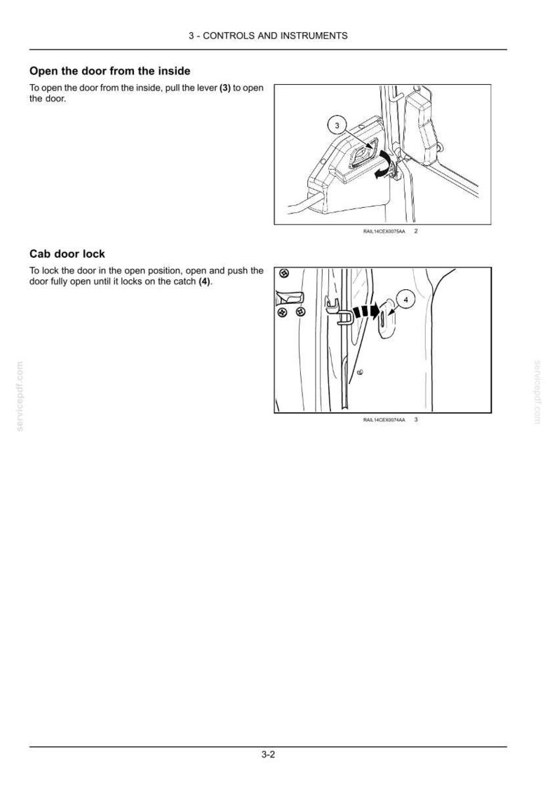 May include: Diagram illustrating vehicle door controls. The image shows how to open the door from the inside by pulling a lever (3) and how to lock the door by pushing it open until it latches (4). Text includes "3 - CONTROLS AND INSTRUMENTS".