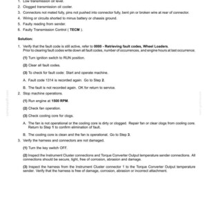 May include: Document detailing troubleshooting steps for transmission oil temperature issues, including causes like low oil level and clogged coolers. Instructions include checking fault codes and fan operation.