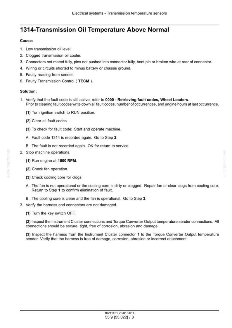 May include: Document detailing troubleshooting steps for transmission oil temperature issues, including causes like low oil level and clogged coolers. Instructions include checking fault codes and fan operation.