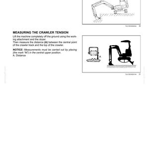 May include: Diagrams illustrating hydraulic systems, including a crawler tension measurement procedure. The text includes instructions for measuring distance (A) on the crawler track. The image also shows a diagram of a machine.