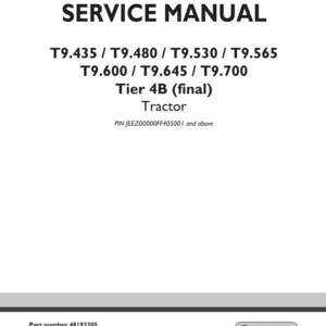 Op de afbeelding: Een witte servicehandleiding omslag met zwarte tekst. De titel "SERVICE MANUAL" staat bovenaan, gevolgd door tractormodelnummers. Hieronder staat "Tier 4B (final) Tractor." Het New Holland Agriculture-logo staat onderaan.