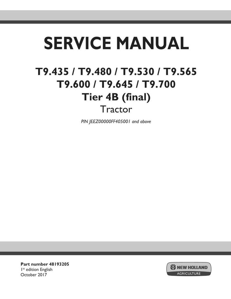 Op de afbeelding: Een witte servicehandleiding omslag met zwarte tekst. De titel "SERVICE MANUAL" staat bovenaan, gevolgd door tractormodelnummers. Hieronder staat "Tier 4B (final) Tractor." Het New Holland Agriculture-logo staat onderaan.