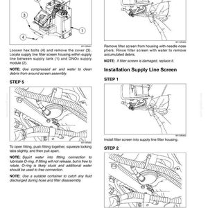 May include: A technical manual page titled 2100-6 showing six steps for servicing a DNOx supply line filter. The diagrams illustrate loosening hex bolts, removing a cover, using needle nose pliers to extract a filter screen, and reconnecting supply line couplings with accompanying instructional text for each step.