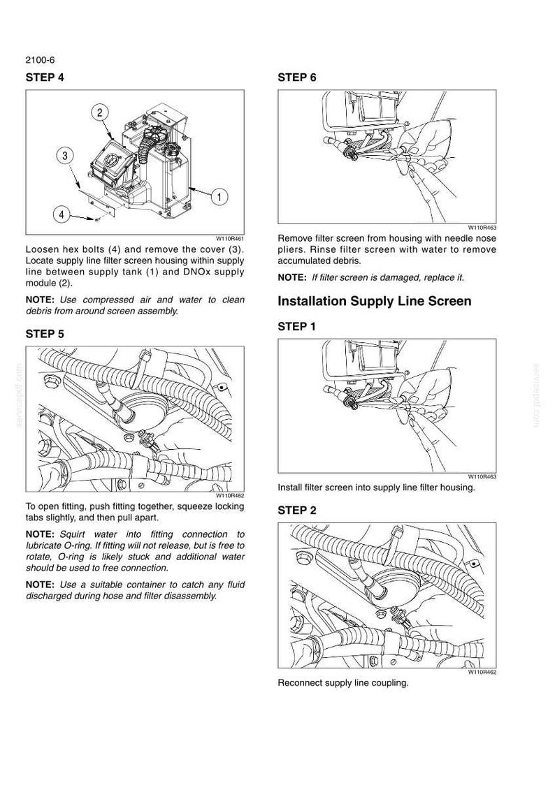 May include: A technical manual page titled 2100-6 showing six steps for servicing a DNOx supply line filter. The diagrams illustrate loosening hex bolts, removing a cover, using needle nose pliers to extract a filter screen, and reconnecting supply line couplings with accompanying instructional text for each step.