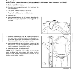 May include: Diagram of an engine fan and drive assembly, with detailed instructions for removing the fan shroud. Includes numbered steps, diagrams, and hardware set details for automotive repair.
