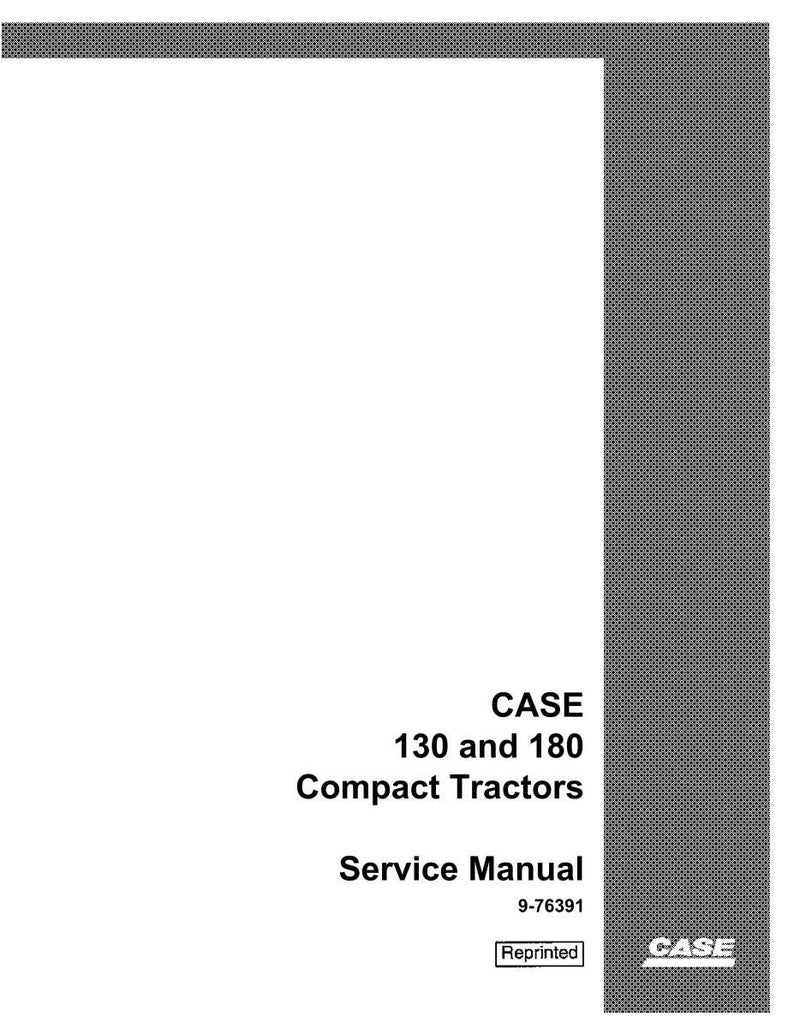 Pu&ograve; includere: Manuale di servizio bianco per trattori compatti CASE 130 e 180. La copertina presenta il testo "CASE 130 e 180 Trattori compatti Manuale di servizio" in nero. Il logo CASE &egrave; in basso a destra.