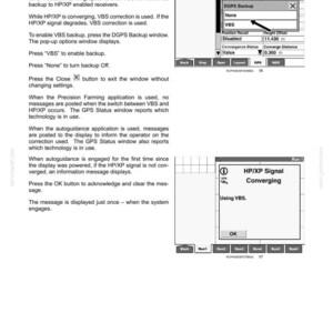 May include: A technical manual page titled 3-SETUP, detailing Automatic VBS backup procedures. It includes text instructions and two screen captures showing GPS Setup menus, DGPS Backup options, and an HP/XP Signal Converging notification window.