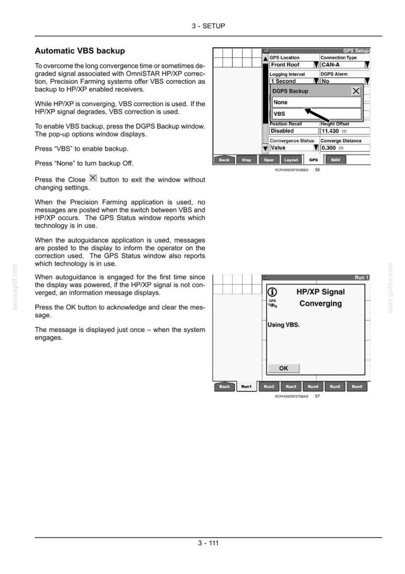 May include: A technical manual page titled 3-SETUP, detailing Automatic VBS backup procedures. It includes text instructions and two screen captures showing GPS Setup menus, DGPS Backup options, and an HP/XP Signal Converging notification window.