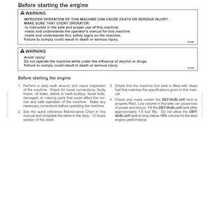 May include: A page of operating instructions titled 4 - OPERATING INSTRUCTIONS. It includes two warning boxes regarding machine safety, followed by a numbered list of four steps for pre-engine startup, including fuel and DEF/AdBlue tank checks.