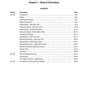 May include: A white document with the title "SECTION 00 - GENERAL INFORMATION" and "Chapter 1 - General Information." The contents include a table of contents with sections, descriptions, and page numbers. The document is a manual.