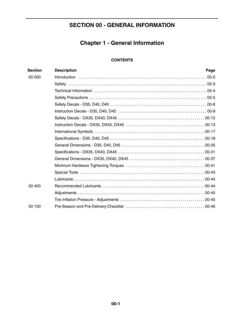 May include: A white document with the title "SECTION 00 - GENERAL INFORMATION" and "Chapter 1 - General Information." The contents include a table of contents with sections, descriptions, and page numbers. The document is a manual.