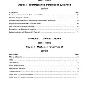 Puede incluir: Una p&aacute;gina de manual con los t&iacute;tulos "SECTION 27 - REAR TRANSMISSION" y "SECTION 31 - POWER TAKE-OFF". El contenido incluye descripciones y n&uacute;meros de p&aacute;gina para componentes y procedimientos mec&aacute;nicos.