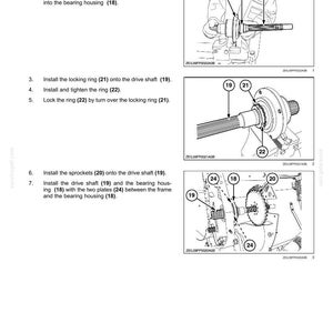 May include: Diagram illustrating the installation of shafts, including bushings, drive shafts, locking rings, and sprockets. The image provides step-by-step instructions with numbered steps and labeled components for assembly. The diagram is in black and white.