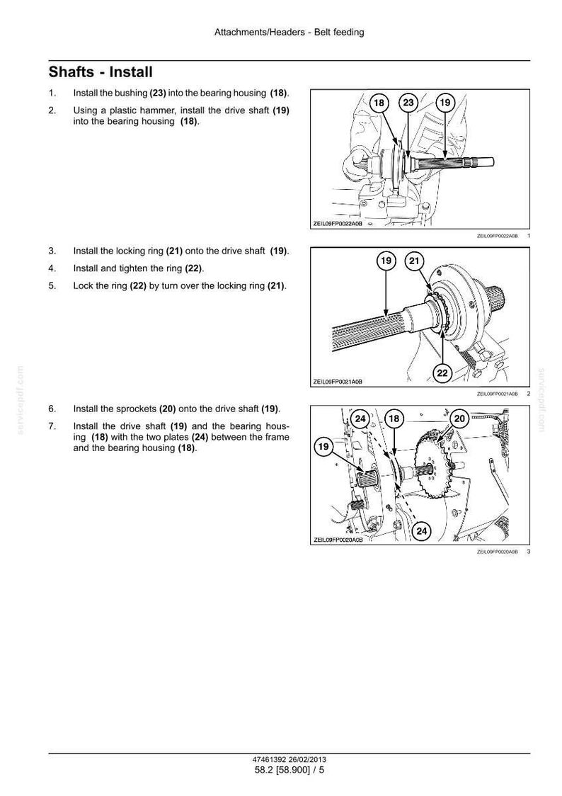 May include: Diagram illustrating the installation of shafts, including bushings, drive shafts, locking rings, and sprockets. The image provides step-by-step instructions with numbered steps and labeled components for assembly. The diagram is in black and white.