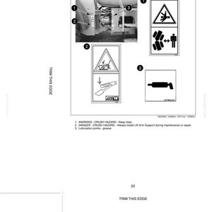 May include: A page from a manual with safety decals and hand signals. The image includes diagrams warning of crush hazards and instructions for lift arm support. Text includes "WARNING - CRUSH HAZARD" and "DANGER - CRUSH HAZARD".