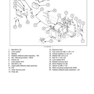 Puede incluir: Diagrama en vista explosionada de un sistema de refrigeraci&oacute;n del motor, con componentes como pernos, arandelas y soportes. Incluye un dep&oacute;sito de recuperaci&oacute;n, ventilador y placa deflectora del radiador. Medidas en mil&iacute;metros.
