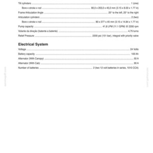 May include: A white page with black text detailing specifications for a vehicle's steering and electrical systems. Includes measurements in inches, such as 2.00 x 11.85 x 1.00 in. The text also lists voltage, battery capacity, and alternator details.