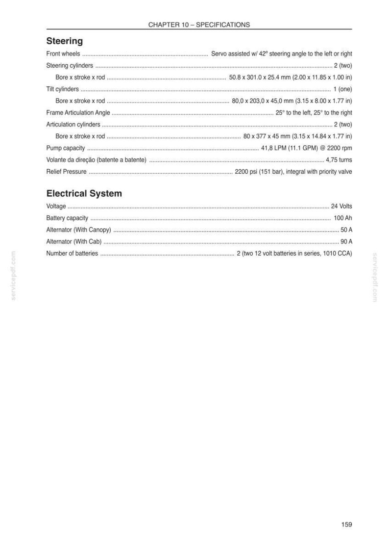 May include: A white page with black text detailing specifications for a vehicle's steering and electrical systems. Includes measurements in inches, such as 2.00 x 11.85 x 1.00 in. The text also lists voltage, battery capacity, and alternator details.
