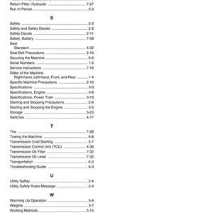 May include: A page from a manual titled "CHAPTER 9 - INDEX" with a list of topics and page numbers. Topics include "Safety," "Specifications," and "Transmission." The document is dated "Issued 03-08 Bur."