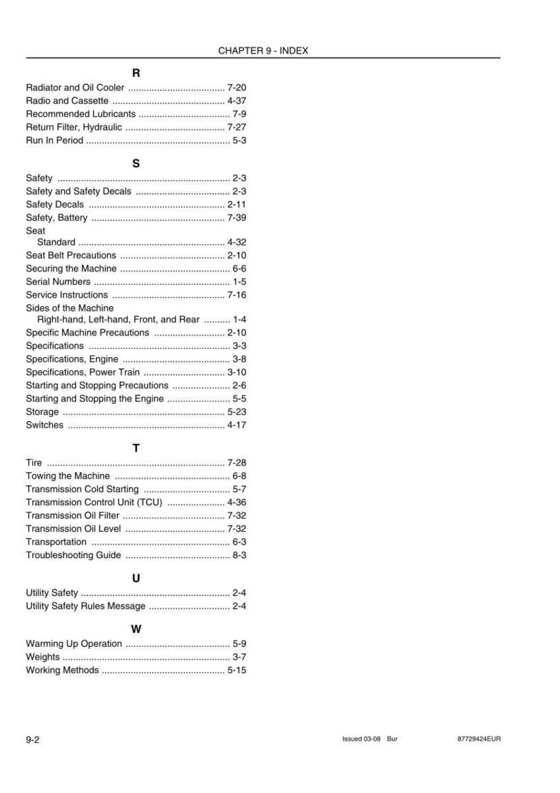 May include: A page from a manual titled "CHAPTER 9 - INDEX" with a list of topics and page numbers. Topics include "Safety," "Specifications," and "Transmission." The document is dated "Issued 03-08 Bur."