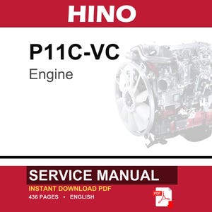 Op de afbeelding: Een Hino P11C-VC motoronderhoudshandleiding in PDF-formaat. De omslag bevat de tekst HINO, P11C-VC Engine en SERVICE MANUAL. Het geeft 436 pagina's in het Engels aan en bevat een rood PDF-pictogram met een pijl naar beneden voor download.