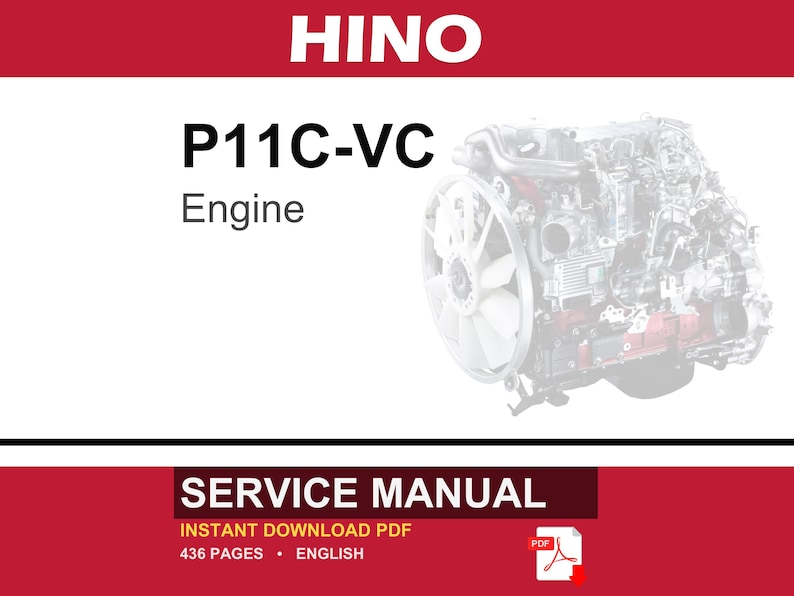 Op de afbeelding: Een Hino P11C-VC motoronderhoudshandleiding in PDF-formaat. De omslag bevat de tekst HINO, P11C-VC Engine en SERVICE MANUAL. Het geeft 436 pagina's in het Engels aan en bevat een rood PDF-pictogram met een pijl naar beneden voor download.