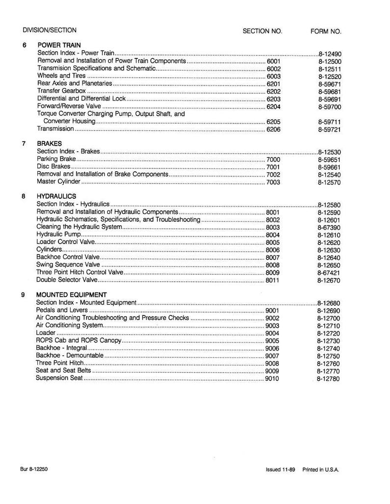 May include: A printed page from a manual, featuring a detailed table of contents. The document is divided into sections such as Power Train, Brakes, Hydraulics, and Mounted Equipment, with corresponding section and form numbers.