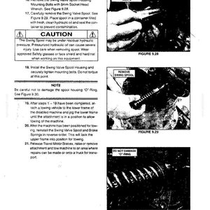 May include: A technical manual page titled Section IX- SPECIAL PROCEDURES, featuring black and white text instructions and three instructional photographs labeled Figure 9.28, 9.29, and 9.30, detailing the removal of a swing valve spool housing.