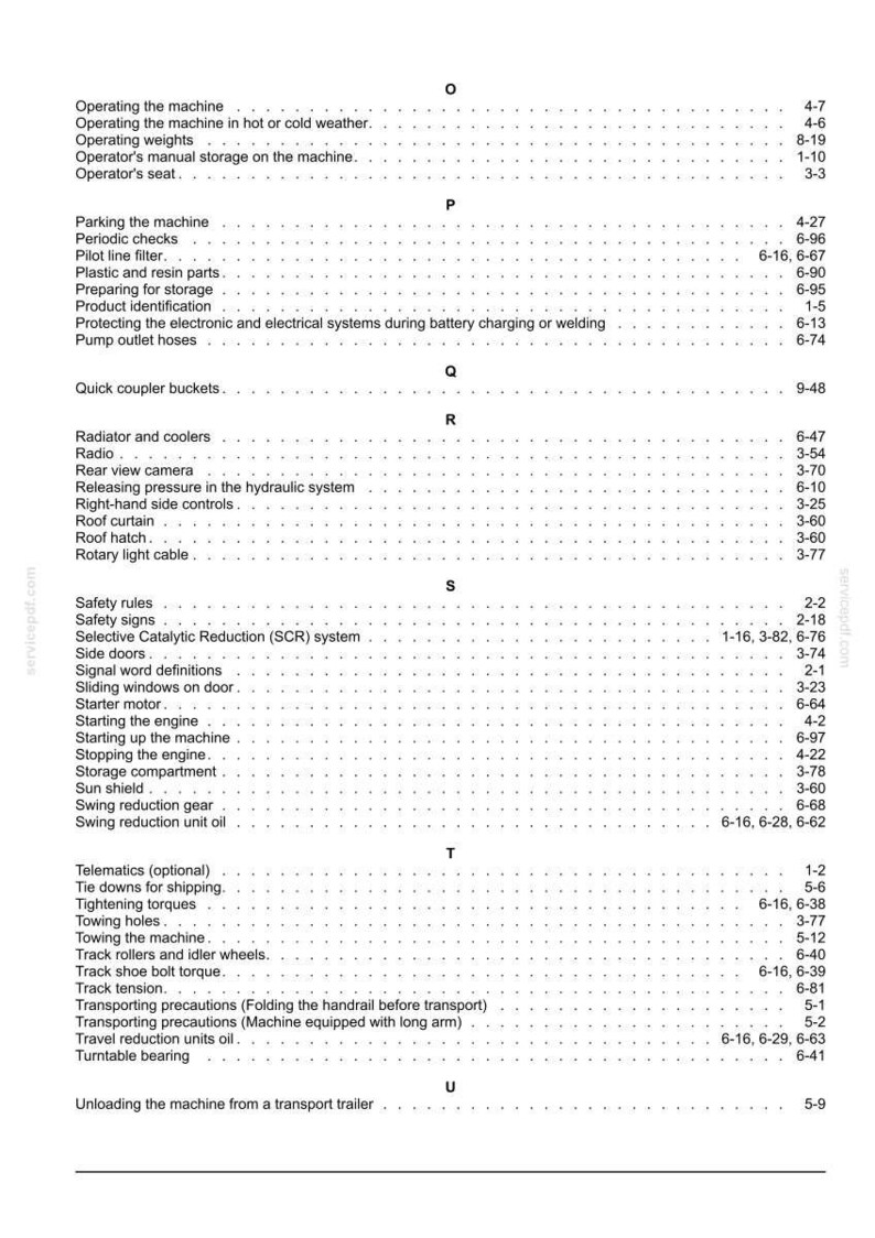 May include: A detailed table of contents from a manual, listing various machine operations, safety procedures, and maintenance topics. The text is in black font on a white background, with page numbers.