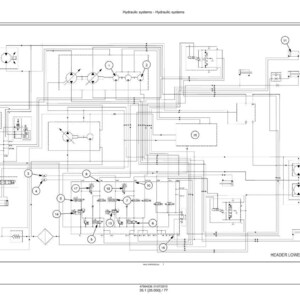 Puede incluir: Un diagrama t&eacute;cnico detallado de un sistema hidr&aacute;ulico, con l&iacute;neas, s&iacute;mbolos y componentes interconectados. El diagrama est&aacute; etiquetado con n&uacute;meros y texto, incluyendo "Hydraulic systems" en la parte superior y "HEADER LOWER (RETURN TO FLOAT)" en la parte inferior.