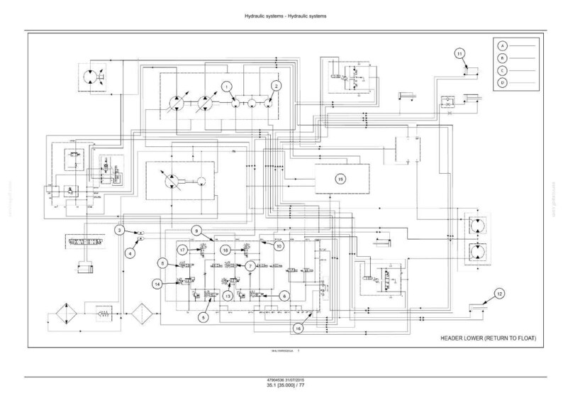 Puede incluir: Un diagrama t&eacute;cnico detallado de un sistema hidr&aacute;ulico, con l&iacute;neas, s&iacute;mbolos y componentes interconectados. El diagrama est&aacute; etiquetado con n&uacute;meros y texto, incluyendo "Hydraulic systems" en la parte superior y "HEADER LOWER (RETURN TO FLOAT)" en la parte inferior.