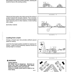 May include: A technical manual page titled 4 - WORKING OPERATIONS featuring black and white line drawings of a tractor performing tasks like float control, loading from a bank, and side-cutting, accompanied by instructional text and a warning.