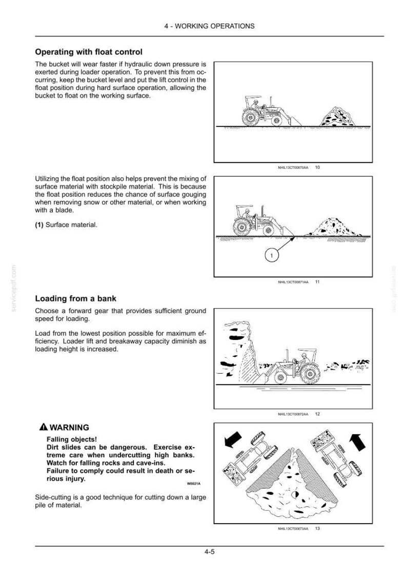 May include: A technical manual page titled 4 - WORKING OPERATIONS featuring black and white line drawings of a tractor performing tasks like float control, loading from a bank, and side-cutting, accompanied by instructional text and a warning.