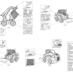 May include: A technical diagram showing four views of a skid steer loader with various hydraulic and hydrostatic components labeled. The document includes a legend, model numbers L213 through C238, and the text Hydraulic/Hydrostatic Detailed Views.