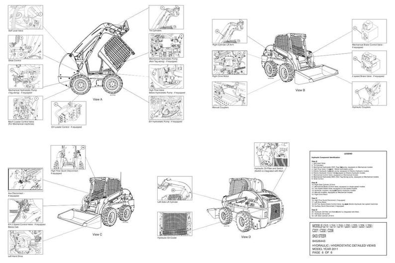 May include: A technical diagram showing four views of a skid steer loader with various hydraulic and hydrostatic components labeled. The document includes a legend, model numbers L213 through C238, and the text Hydraulic/Hydrostatic Detailed Views.