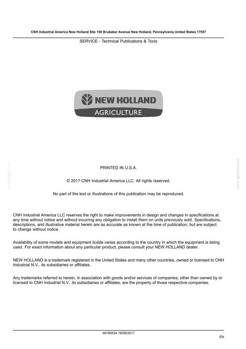 May include: A white document with the "NEW HOLLAND AGRICULTURE" logo in a gray and white rectangle. The text includes "PRINTED IN U.S.A." and copyright information for CNH Industrial America LLC.
