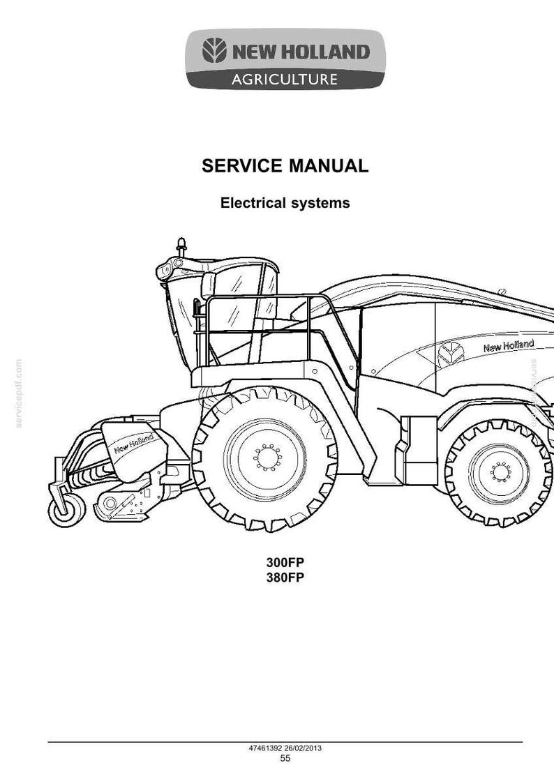 May include: A black and white line drawing of a New Holland Agriculture combine harvester. The image includes the text "SERVICE MANUAL Electrical systems" and the model numbers "300FP" and "380FP". The New Holland logo is at the top.