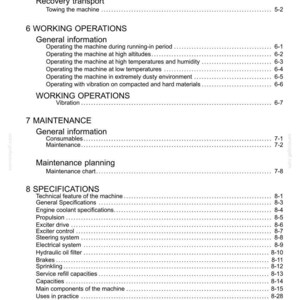 K&ouml;nnte beinhalten: Ein wei&szlig;es Dokument mit einem Inhaltsverzeichnis f&uuml;r die Betriebsabl&auml;ufe, Wartung und Spezifikationen einer Maschine. Abschnitte umfassen Versand, Wiederherstellung, Arbeitsabl&auml;ufe und Wartungsplanung. Der Text ist auf Deutsch.