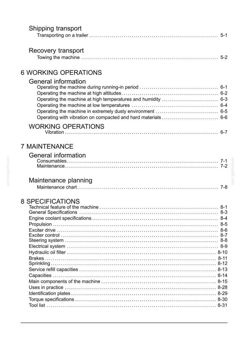 K&ouml;nnte beinhalten: Ein wei&szlig;es Dokument mit einem Inhaltsverzeichnis f&uuml;r die Betriebsabl&auml;ufe, Wartung und Spezifikationen einer Maschine. Abschnitte umfassen Versand, Wiederherstellung, Arbeitsabl&auml;ufe und Wartungsplanung. Der Text ist auf Deutsch.
