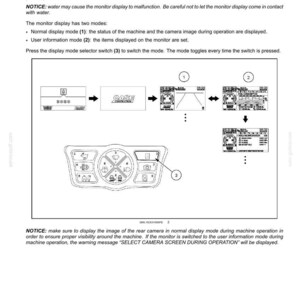 K&ouml;nnte beinhalten: Diagramm der Monitoranzeige einer Maschine mit zwei Modi, gekennzeichnet mit 1 und 2, und einem Bedienfeld. Der Text enth&auml;lt Warnungen vor Wassersch&auml;den und Modusauswahl. Die Anzeige zeigt verschiedene Maschinenzust&auml;nde.