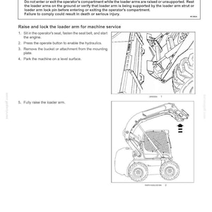 May include: A technical document page titled Loader arm lock and cab tilt procedure for vertical lift machines. It includes a safety warning about crushing hazards, numbered instructions for machine service, and two line-art diagrams of a loader.
