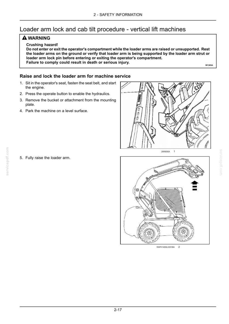 May include: A technical document page titled Loader arm lock and cab tilt procedure for vertical lift machines. It includes a safety warning about crushing hazards, numbered instructions for machine service, and two line-art diagrams of a loader.