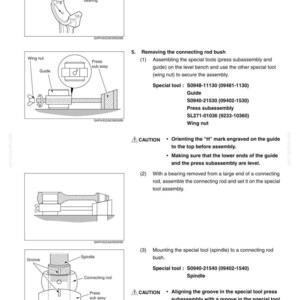May include: Diagrams from an engine mechanical manual showing the removal and assembly of connecting rod components. Includes illustrations of a connecting rod bearing, wing nut, and press subassembly.