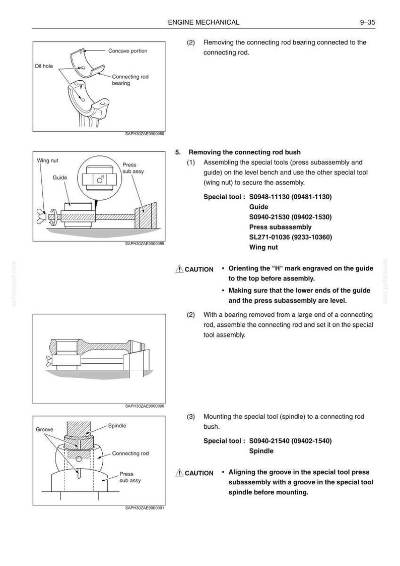 May include: Diagrams from an engine mechanical manual showing the removal and assembly of connecting rod components. Includes illustrations of a connecting rod bearing, wing nut, and press subassembly.