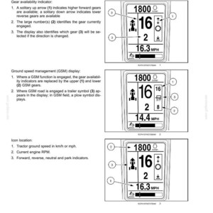 May include: A technical manual page titled 3-CONTROLS/INSTRUMENTS showing three black and white diagrams of a tractor upper display. The screens feature numerical data for engine RPM, gear selection, and ground speed in MPH, with numbered callouts.